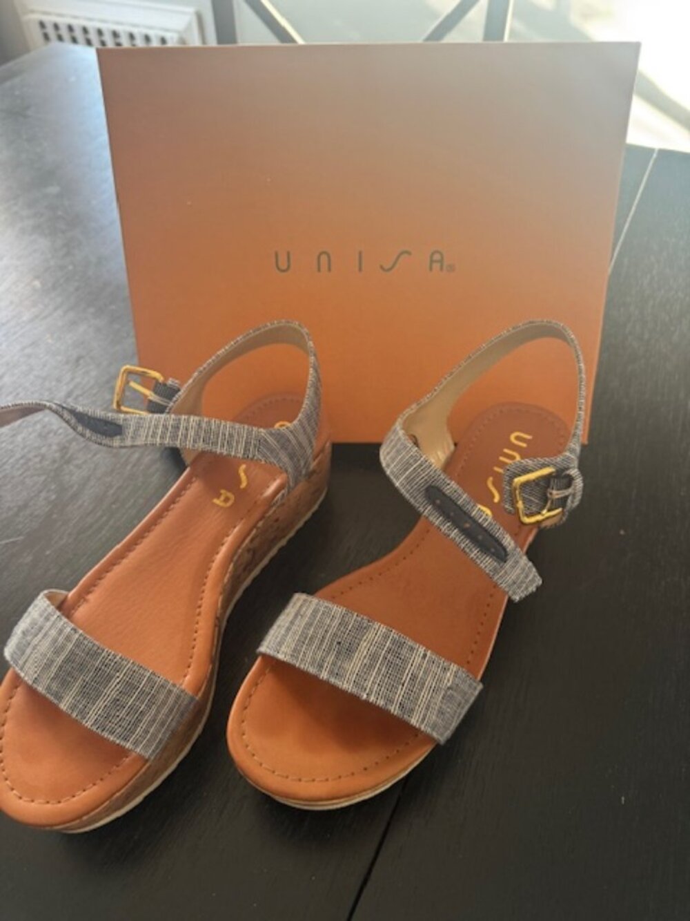 Unisa blue fabric wedge sandals
